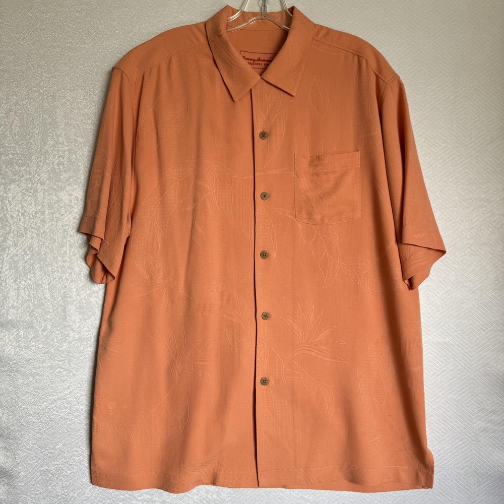 Tommy Bahama Shirt Mens Medium Orange 100% Silk Floral‎ Button Up Camp Casual